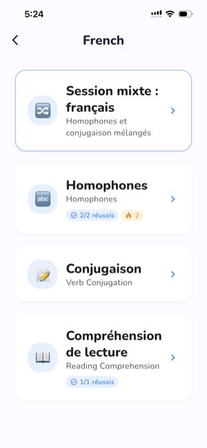 Écran des sujets de français