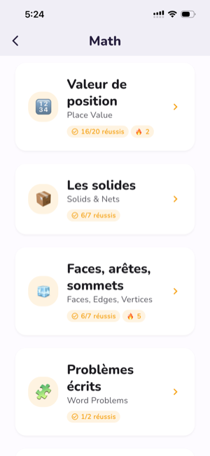 Écran des sujets de mathématiques